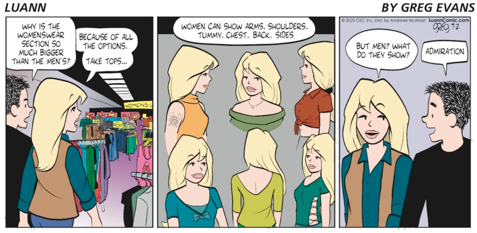 Three panels: In the first, Brad and Toni are walking in the womens clothing section of a store. Brad asks, 'why is the womenswear section so much bigger than the mens'?' And Toni replies, 'Because of all the options. Take tops...' The next panel shows Toni wearing six tops that are cut in ways that match her description of 'Women can show arms, shoulders, tummy, chest, back, sides'. In the last panel we see Brad and Toni face on, and Toni, with an amused expression asks, 'But men? What do they show?' and Brad, replies 'Admiration' with a dumb smile on his face