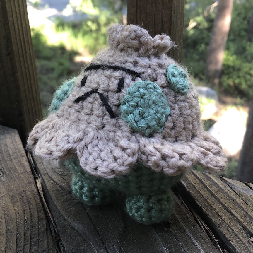 Crocheted shroomish facing to the side