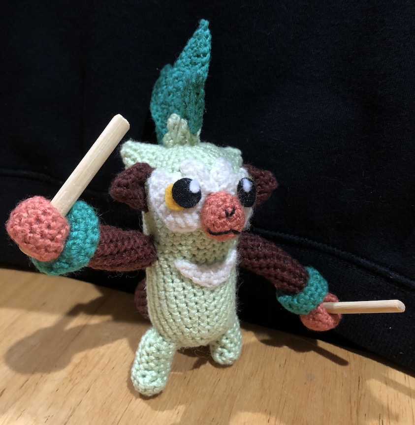 Crocheted thwackey from a different angle. Both arms are mid drum