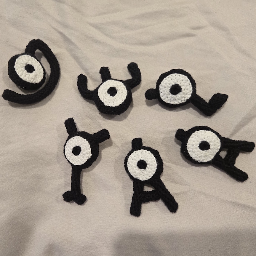 Crochet unknown in the order D W L on the top row and Y A A on the bottom row