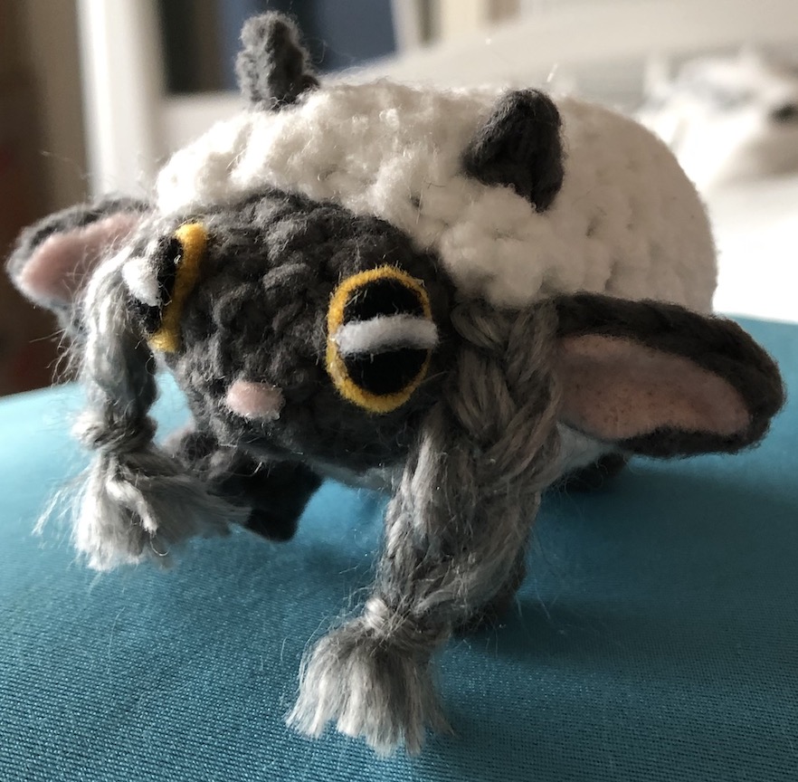 Crocheted wooloo from an angle