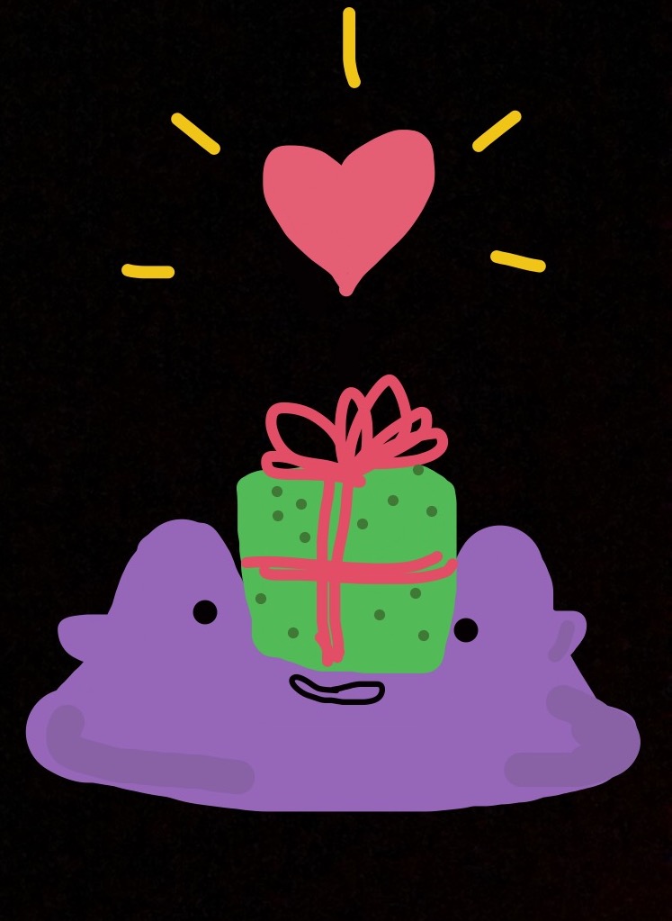 a Snapchat drawing of a ditto being squished in the middle by a big wrapped present on his head