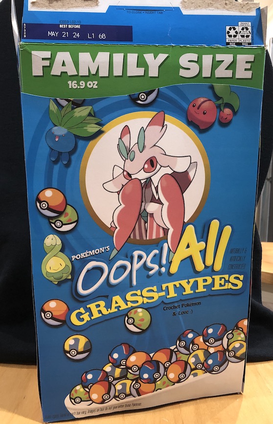 Front of the custom box art. Lurantis has replaced Cap'n Crunch. Pokéballs, great balls, ultra balls, and friend balls have replaced the crunchberries. Oddish, cherubi, and budew are sprinkled in with the pokéballs