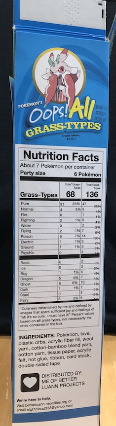 The other side of the box. A fake nutrition facts label lists out the percentage of each dual grass type and the percentage of how many of those are cute (instead of per serving).