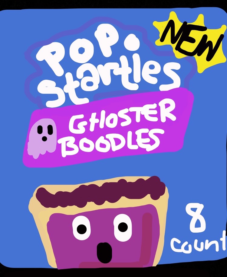 Snapchat doodle of a box of spooky poptarts. The box reads NEW popstartles ghoster boodles 8 count