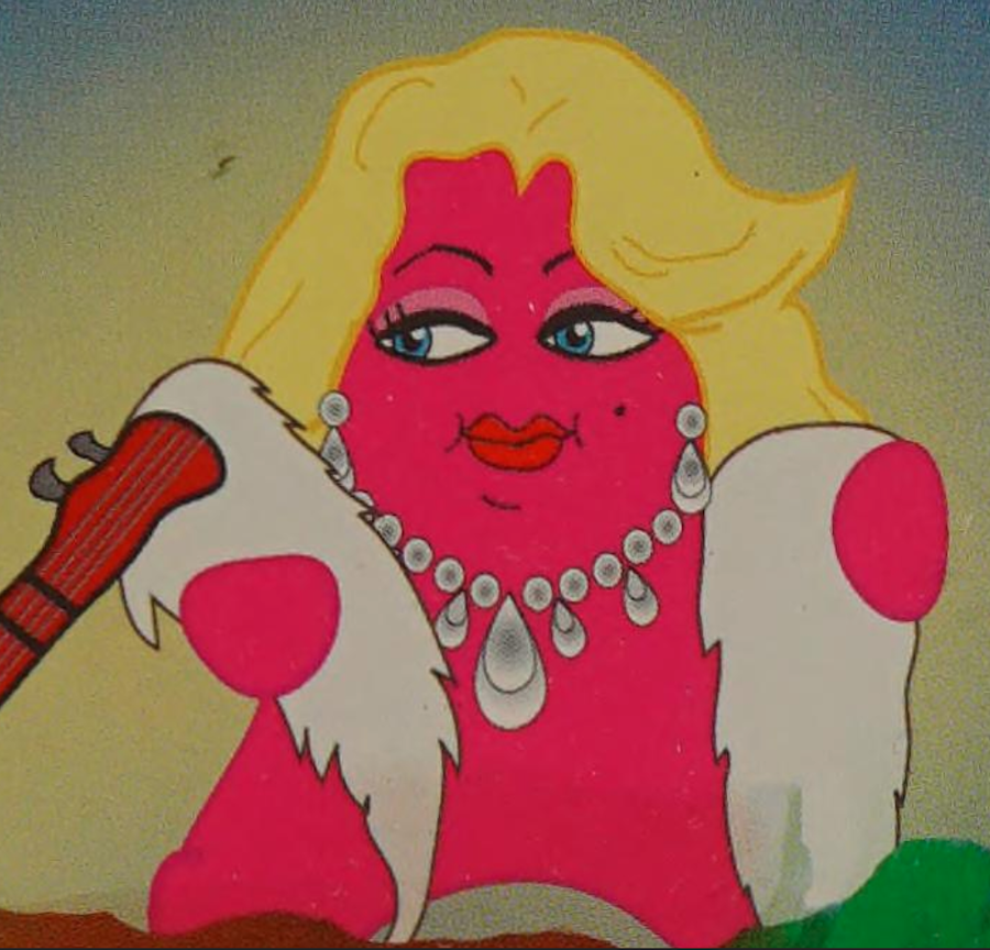Screenshot from the book of Movie Star, who is hot pink with blond hair, a fur stole, and diamond earrings and necklace.