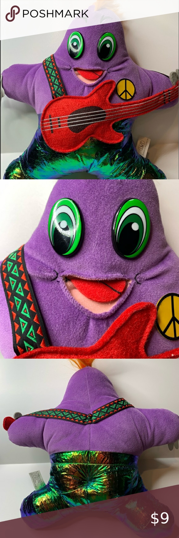 A panel of three images of the Rock Star plush: top is from the front, middle is a closeup on his face, and the third is from the back. He has a sprig of rooted hair, hard plastic eyes, an open mouth with a felt tongue, shiny pants, and a red guitar