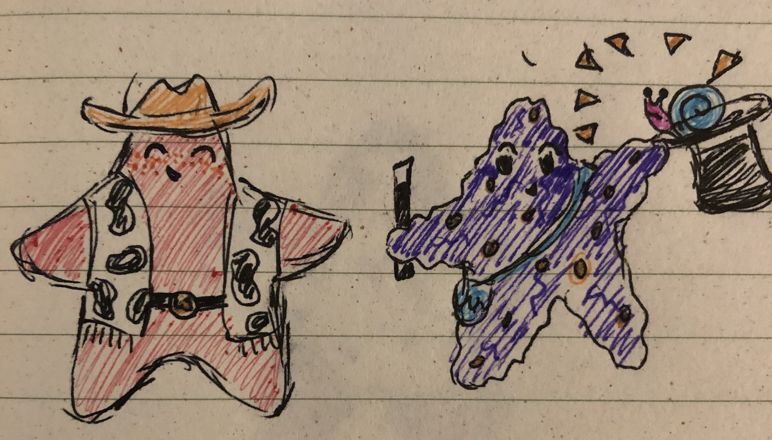 Crooked star is holding a magician wand and a top hat with a snail emerging from it. Lone star looks delighted at the trick