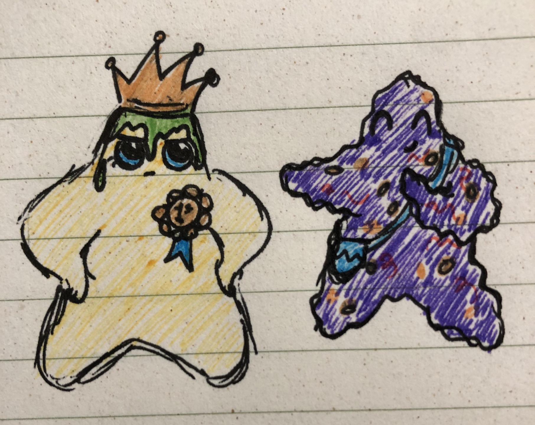 First star looks annoyed as green goo oozes from his crown. Crooked star is laughing at the prank