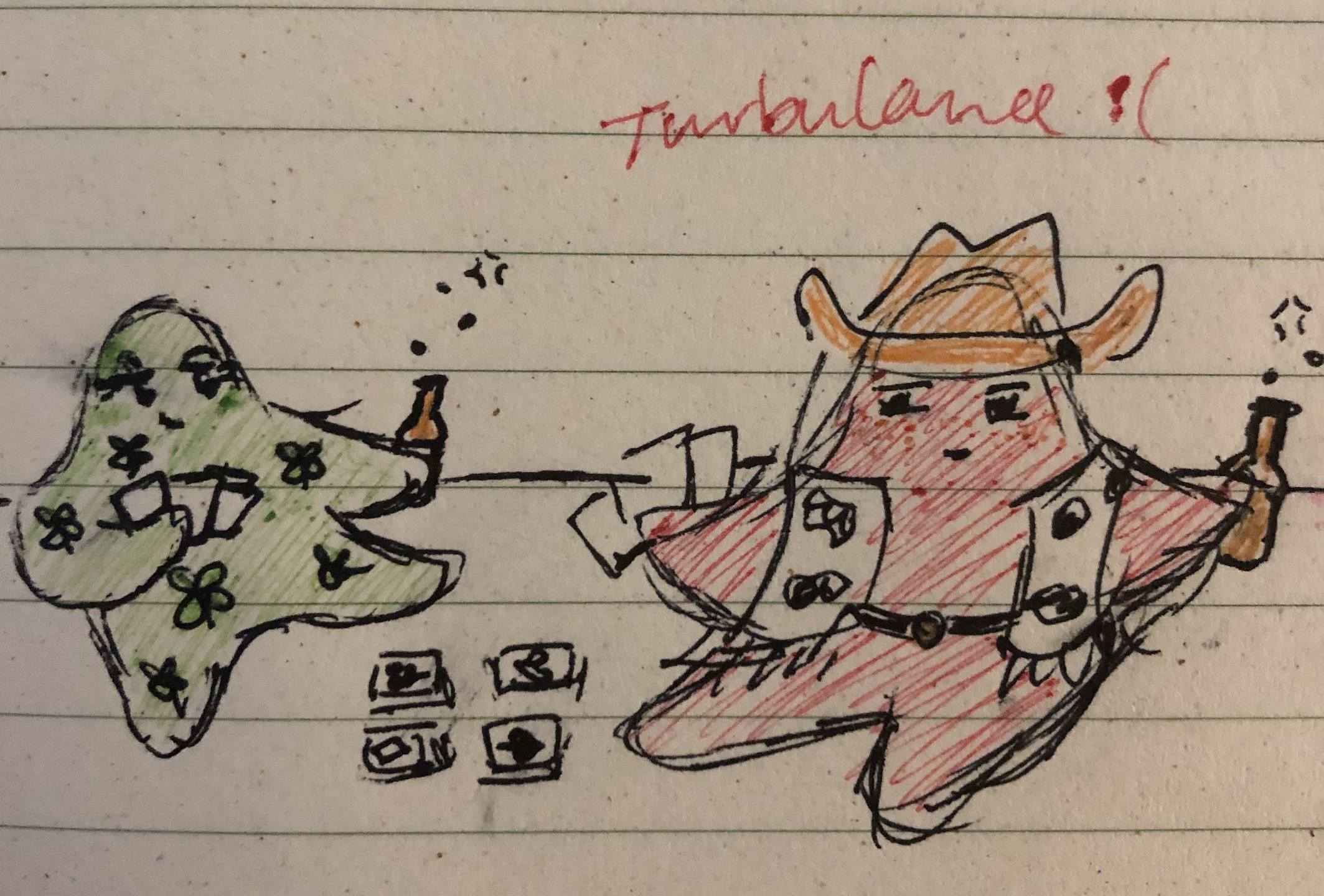 Lucky star and lone star holding brown bubbling bottles and playing cards. Lucky star looks smug and lone star is squinting at him. Labeled with the word Turbulence to explain why the drawing is shaky
