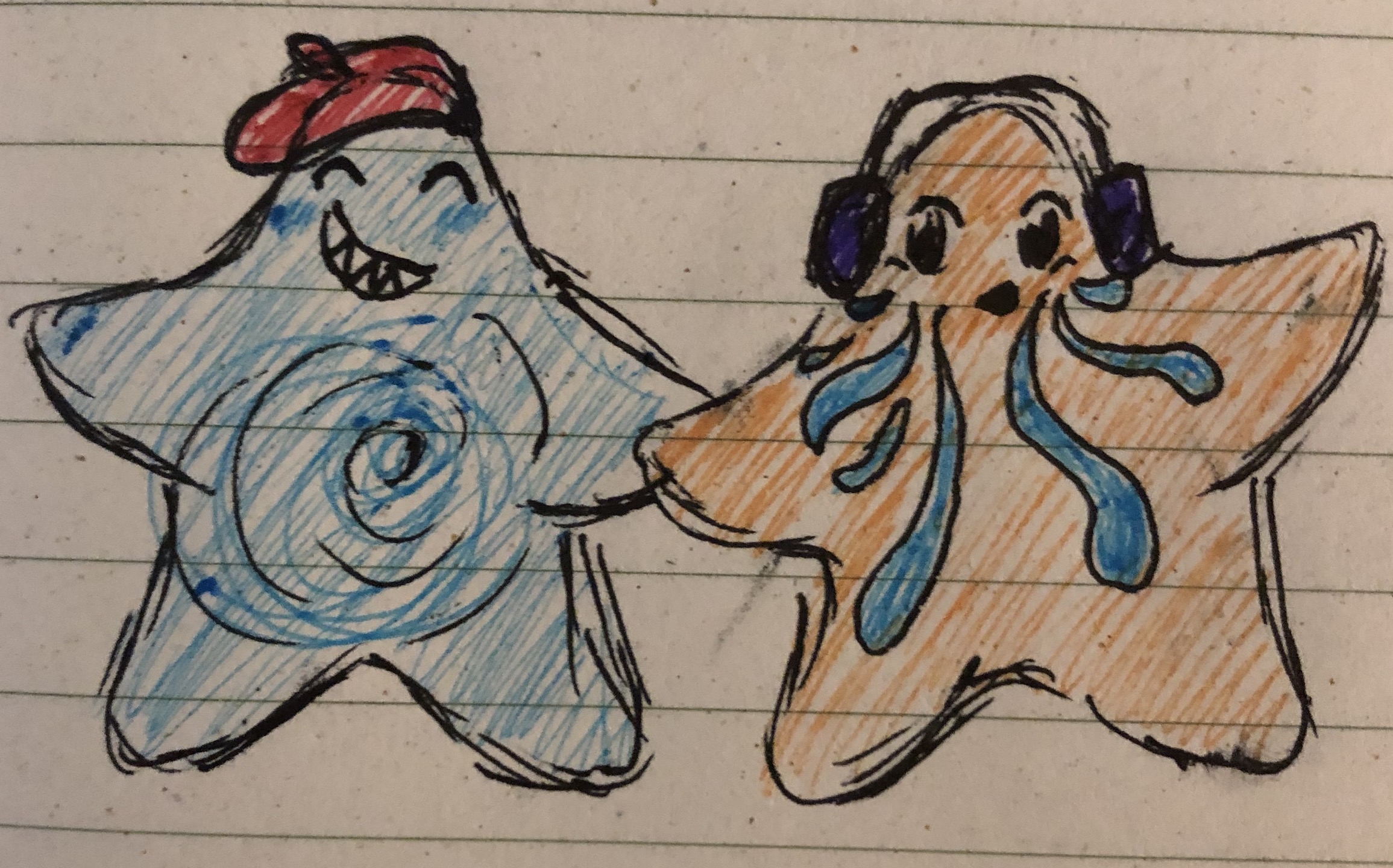 Hungry star wearing Sad Star’s beret and Sad star wearing hungry star’s headphones. They’re grinning at each other