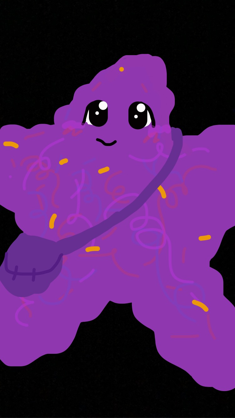 Purple Crooked Star has rounded lumps around the edges, light purple swirls and orange flecks on his body. He carries a dark purple crossbody bag