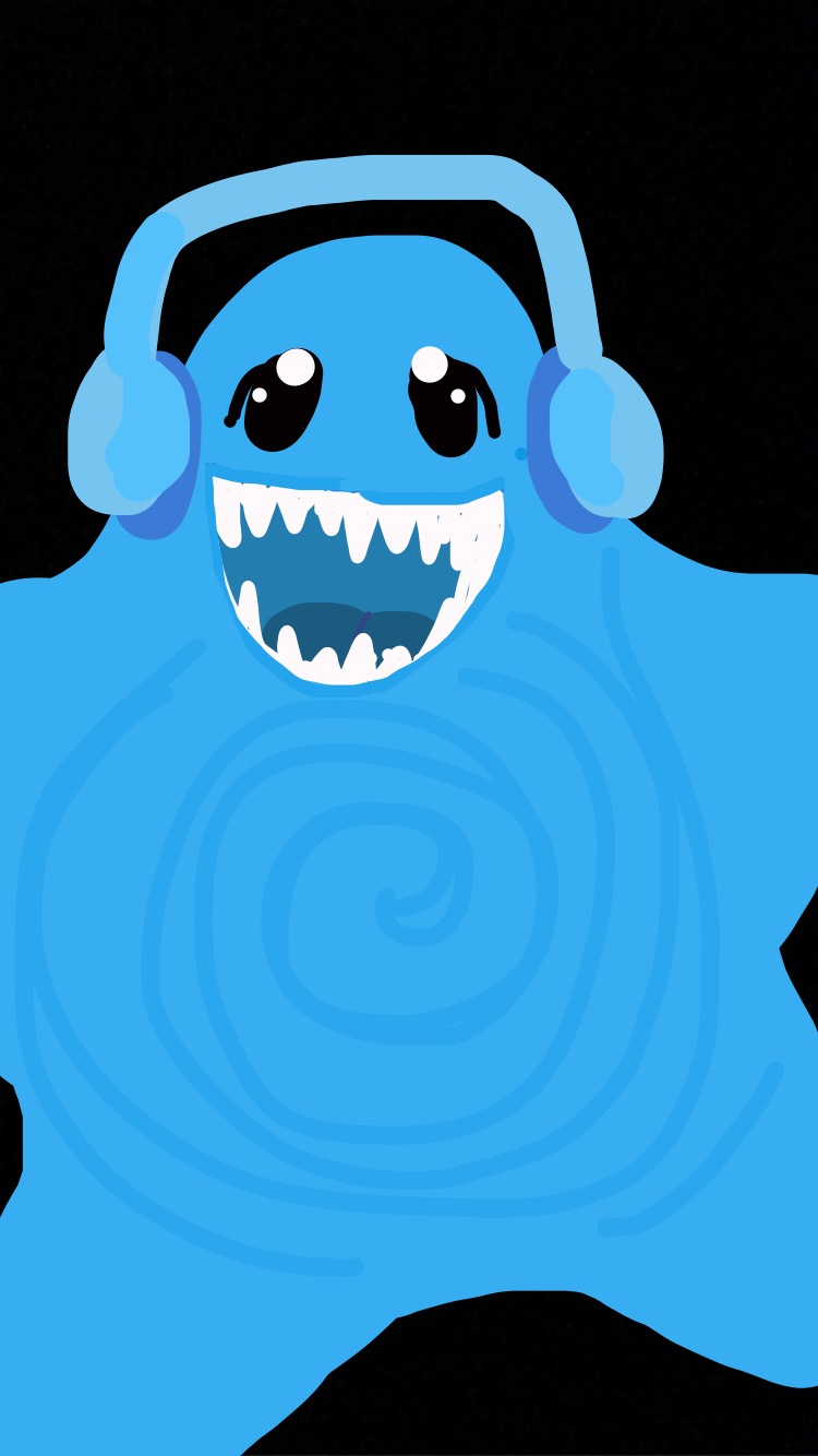 Blue Hungry Star with a blue swirl design on his belly and over-the-ear headphones. He's smiling with his mouth open, revealing pointed shark teeth
