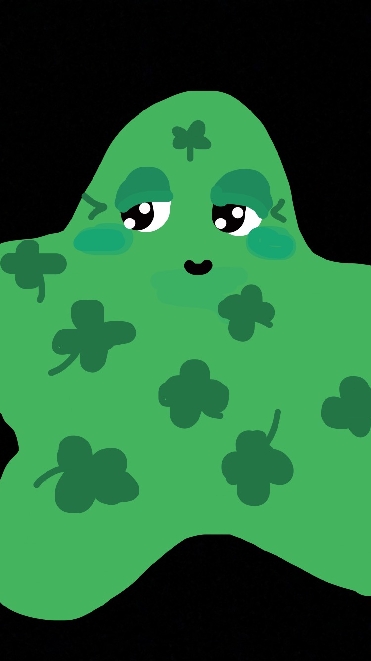 Green Lucky Star with clovers all over his body, creases by his lidded eyes, and a little smile - overall a relaxed expression