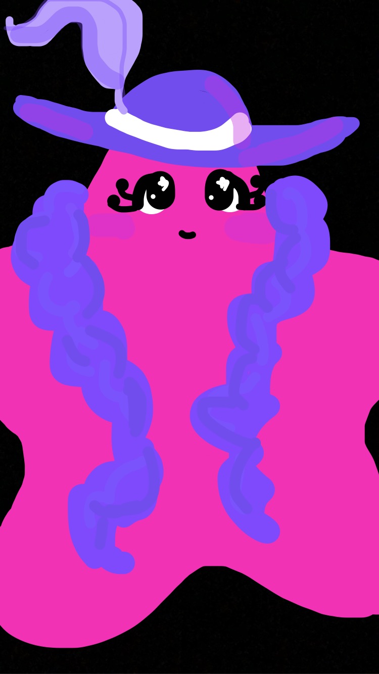 Hot pink Movie Star with a purple feather boa, a wide brimmed sun hat that has a large white feather. She has stylized eyelashes with dots at the ends