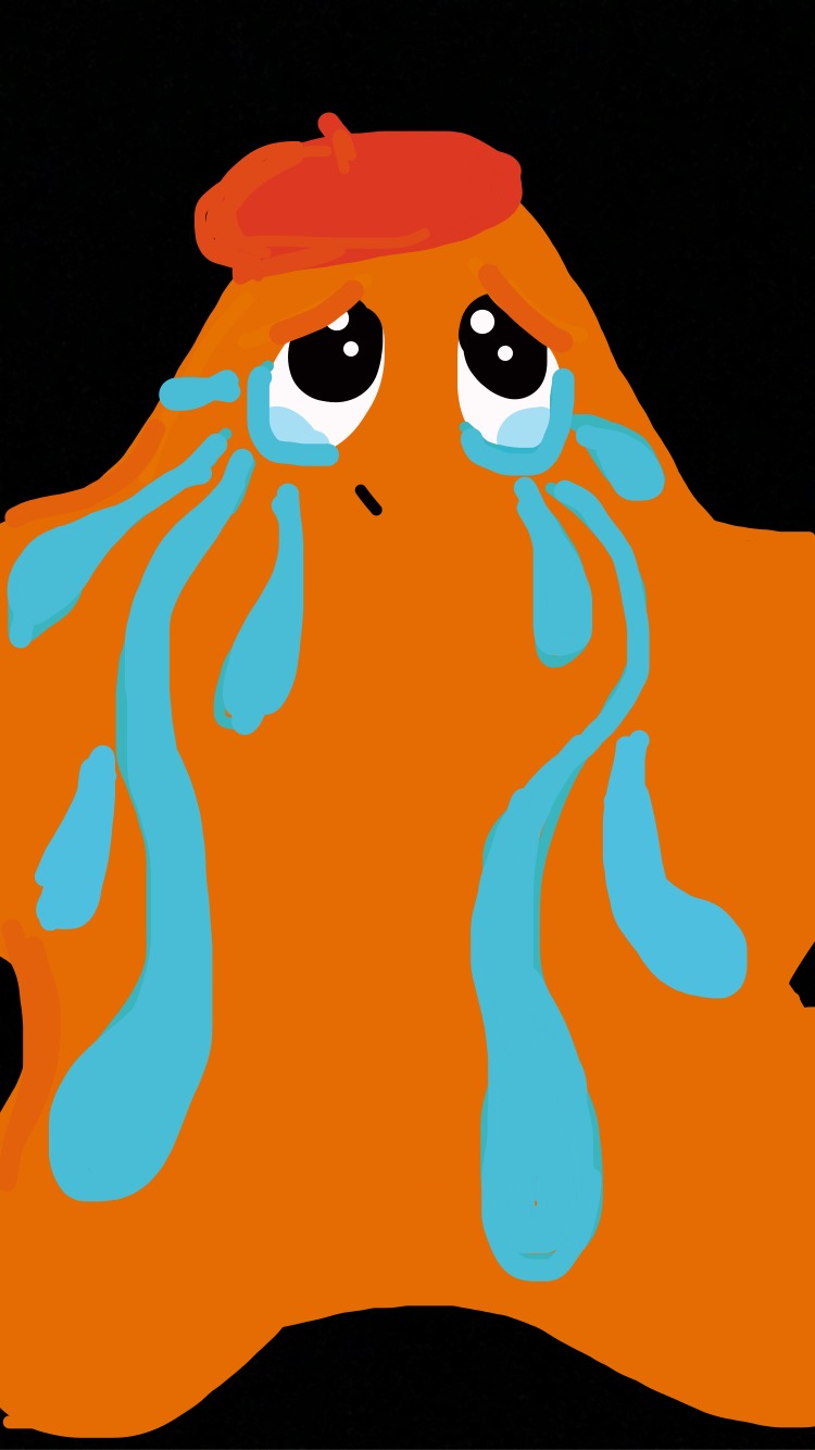 Orange Sad Star wearing a beret and with large blue stylized tears. She has a little smile