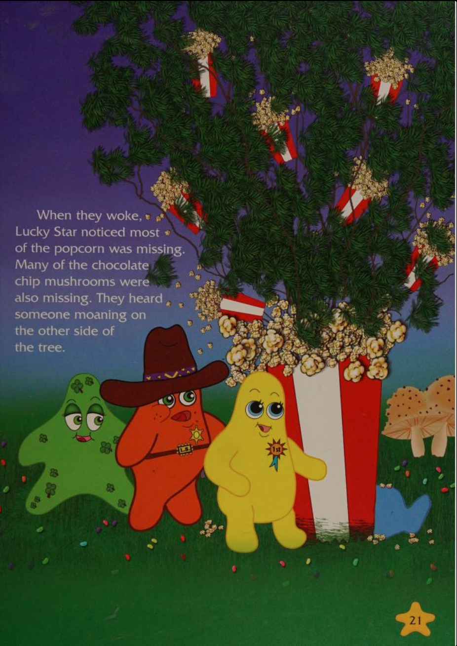 Lucky Star, Lone Star, and First Star are investigating a blue figure behind a popcorn tree growing out of a popcorn bucket. The stars are drawn in a 2D style, but the popcorn tree is a mix of more realistic 3D image elements for the leaves and popcorn