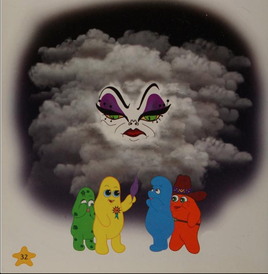 Lucky Star, First Star, Hungry Star, and Lone Star stand on a blank white page. Behind them is a large cluster of storm clouds with a face, Vivica. Vivica's clouds are ringed by a dark background that blurs into the white of the rest of the page. First Star holds the purple Poolie feather